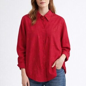 Silk Club Red Linen Button Up Shirt Blouse Women’s XL Embroidered Long Sleeve